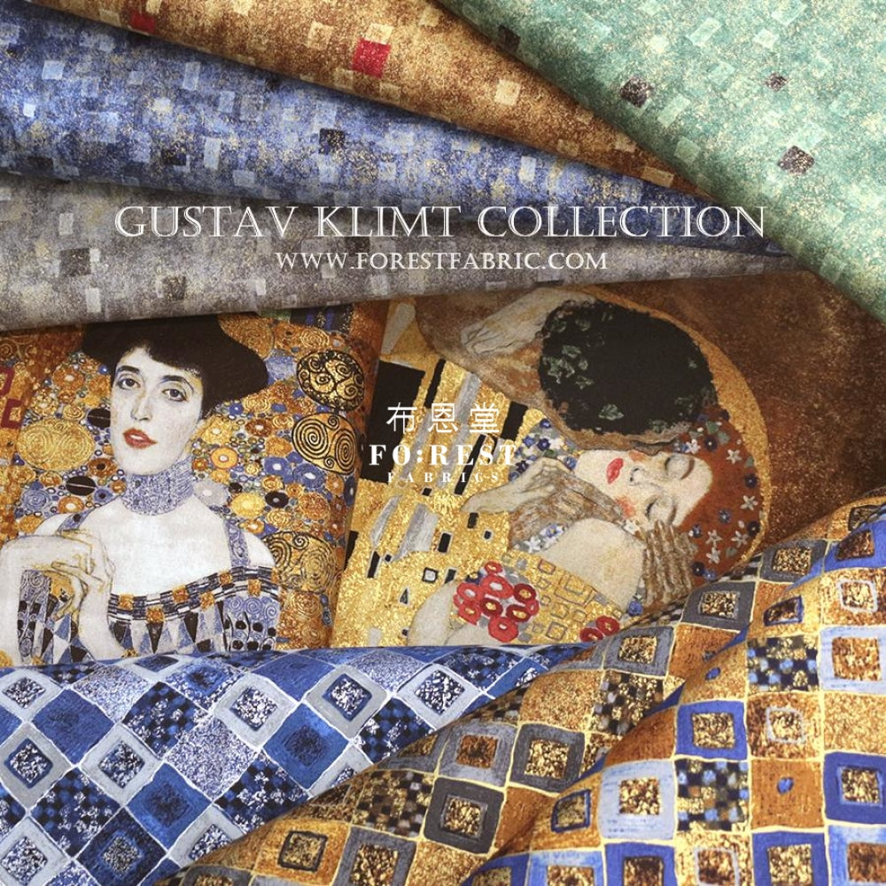 Cotton - Gustav Klimt Cobalt Squares Metallic Fabric Gray