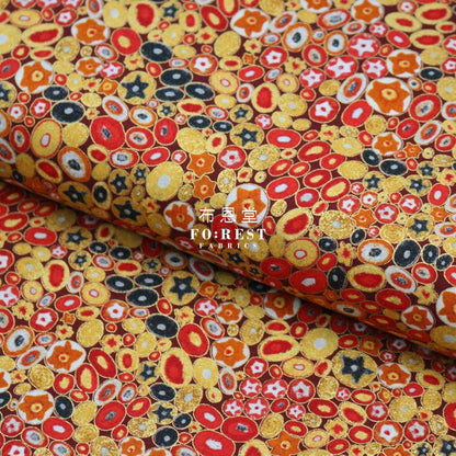Cotton - Gustav Klimt Jewel Ovals Metallic Fabric Red