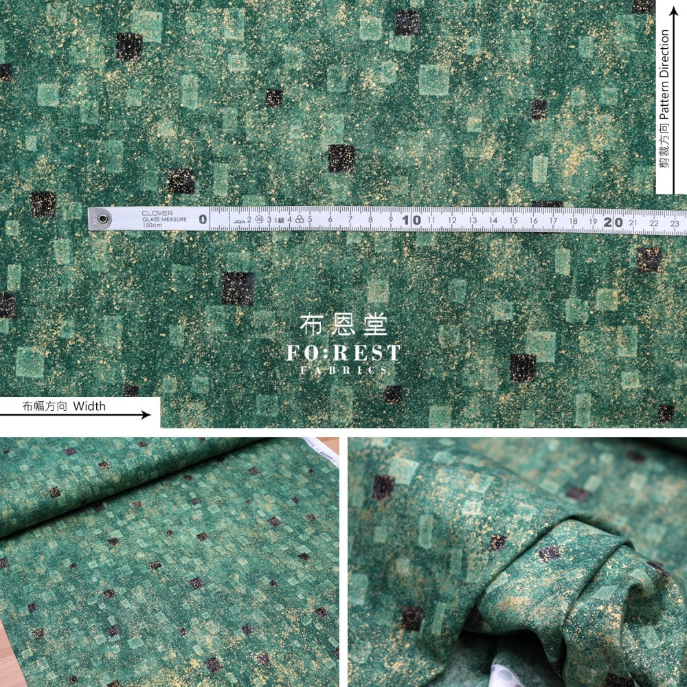Cotton - Gustav Klimt Squares Metallic Fabric Green