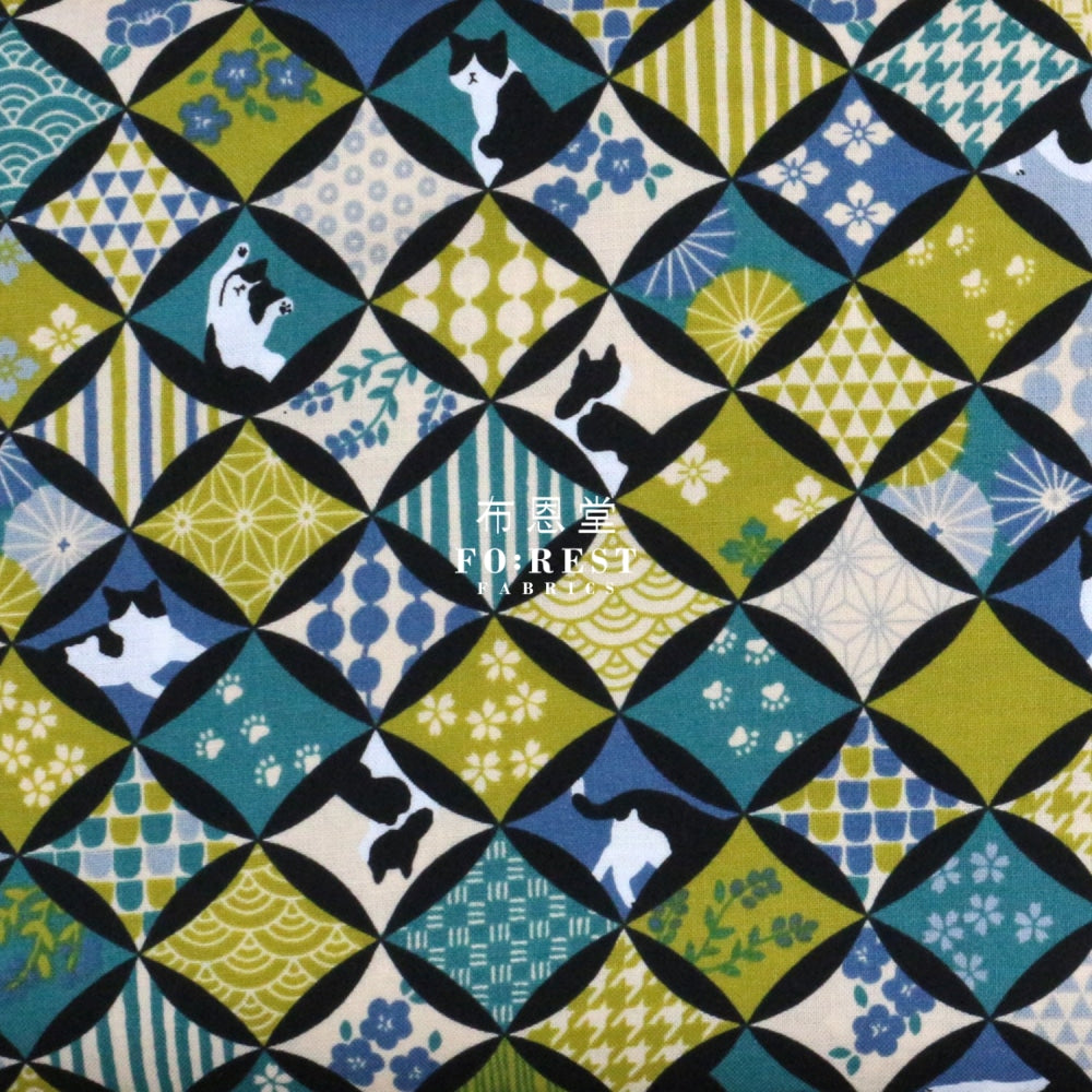 Cotton - Japanese Shippo Cats Fabric Blue Cotton
