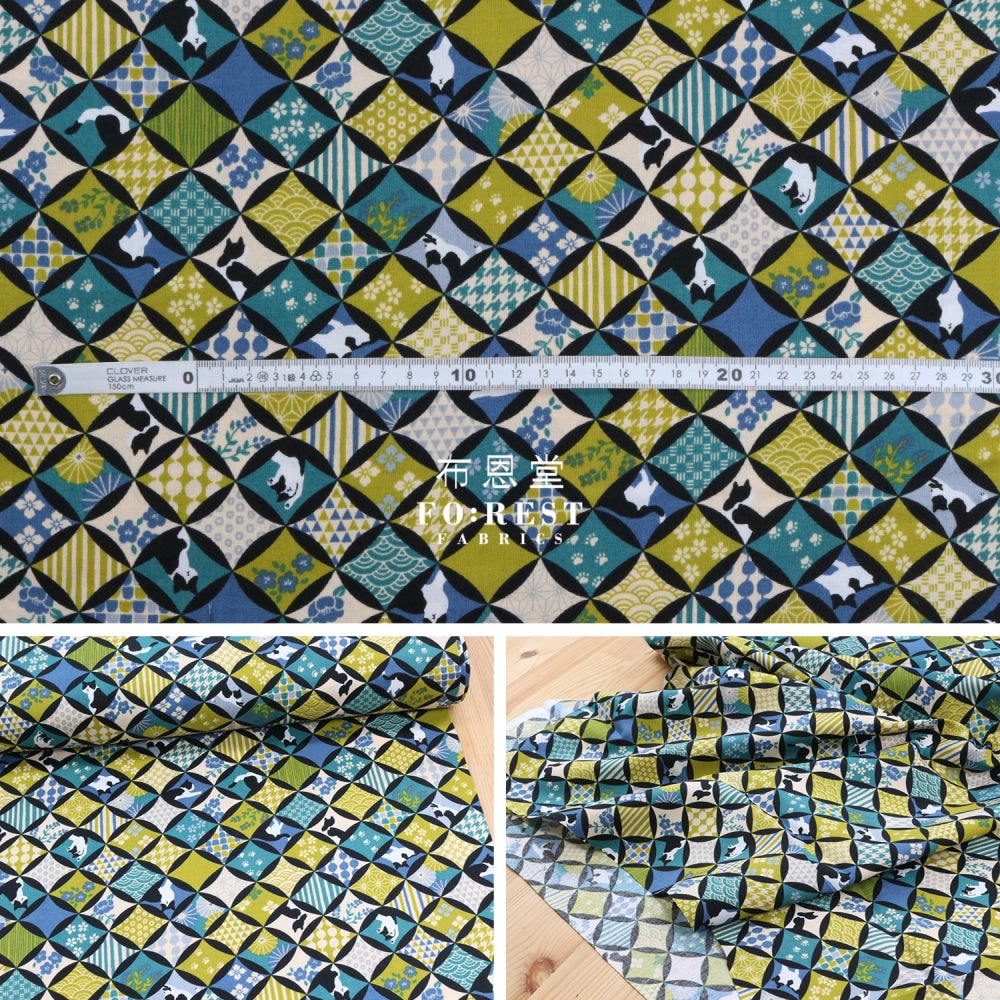 Cotton - Japanese Shippo Cats Fabric Blue Cotton