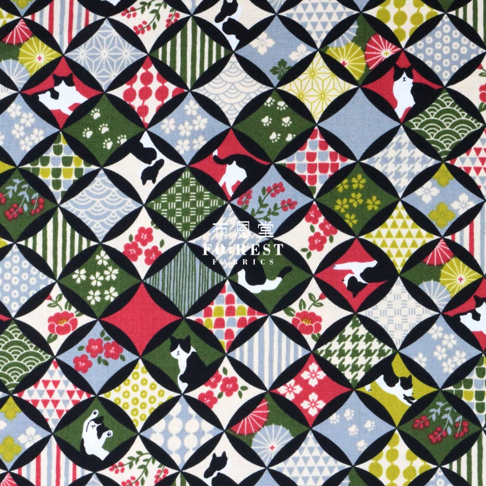 Cotton - Japanese Shippo Cats Fabric Moss Cotton