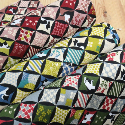 Cotton - Japanese Shippo Cats Fabric Moss Cotton