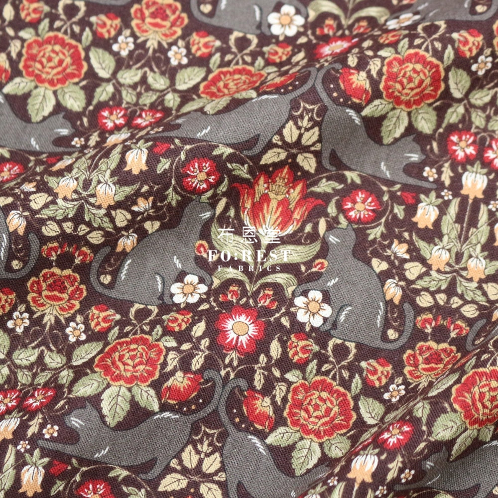 Cotton Linen - Cats Art Nouveau Style Fabric Red Cotton