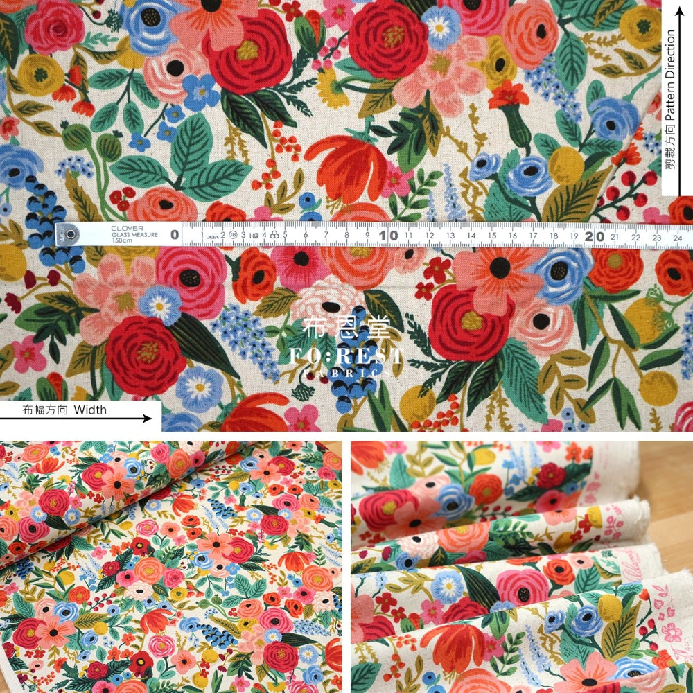 Cotton Linen - Garden Party Juliet Rose Fabric Natural Canvas