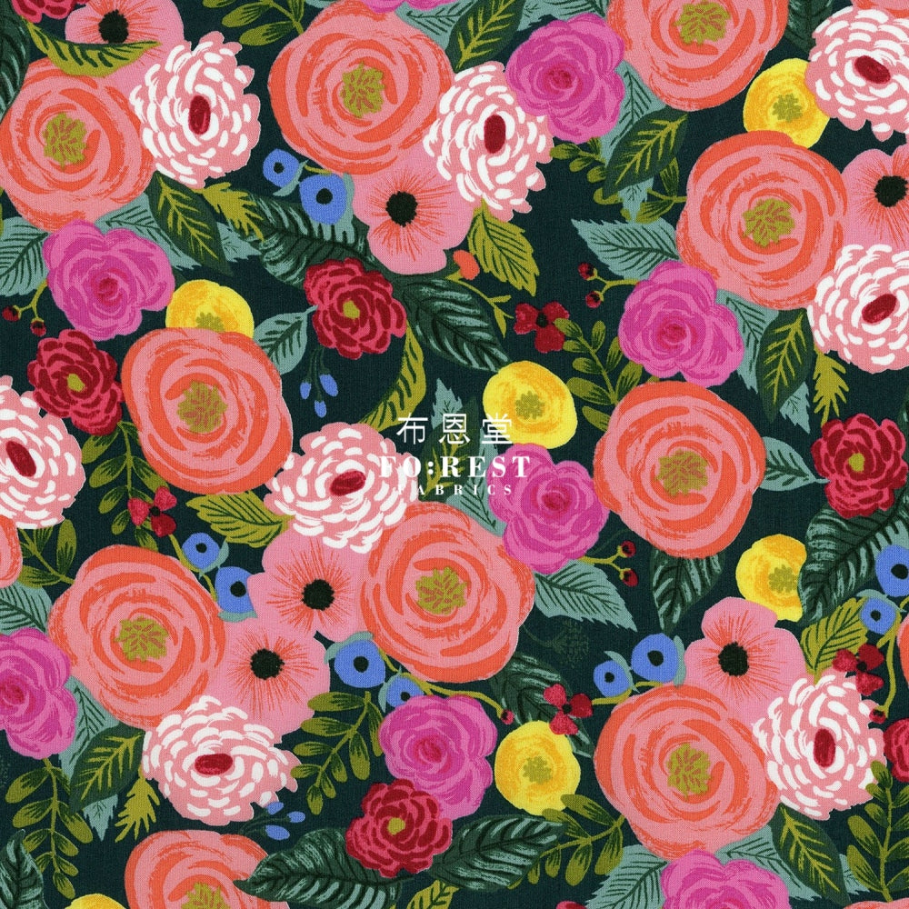 Cotton Linen - Garden Party Juliet Rose Fabric Navy Canvas