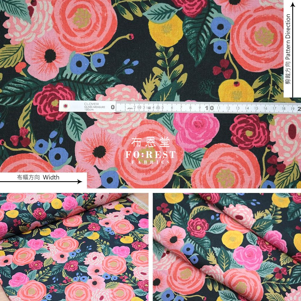 Cotton Linen - Garden Party Juliet Rose Fabric Navy Canvas