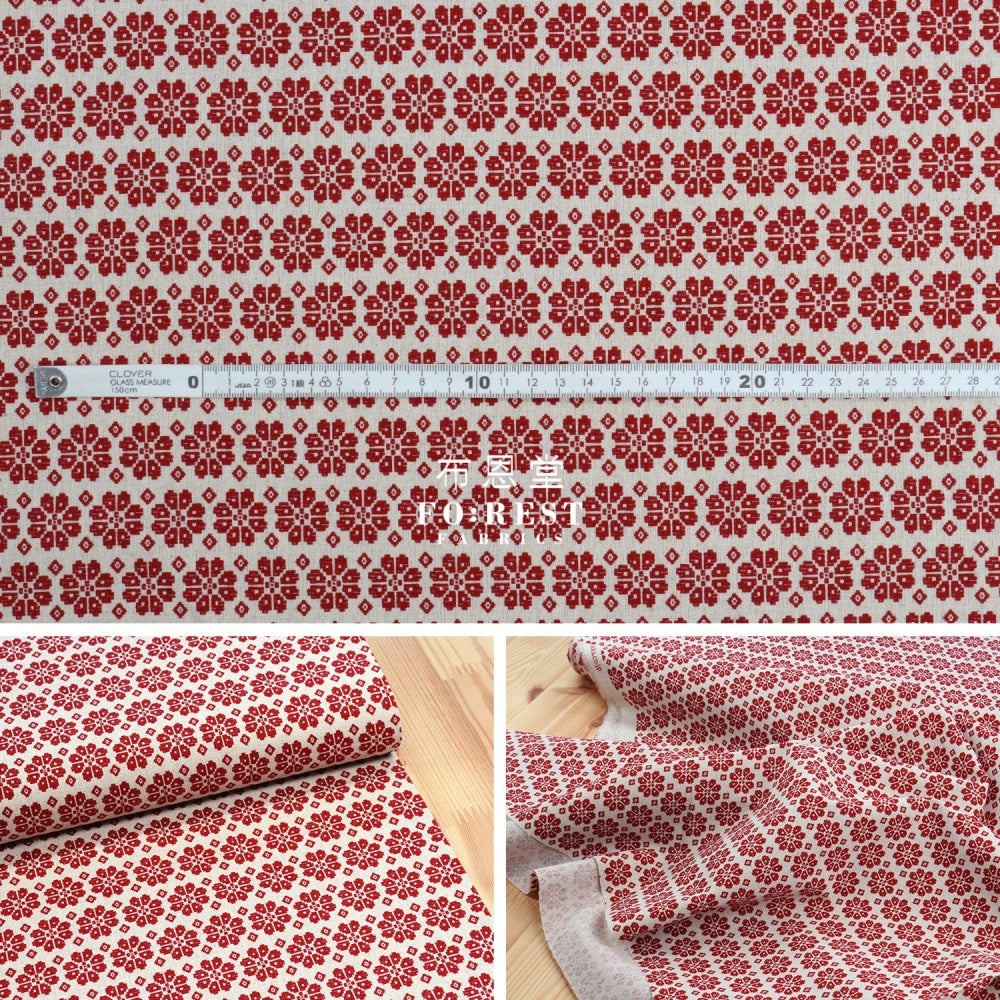 Cotton Linen - Sashiko Moyou Snow Fabric Red Cotton Linen Canvas