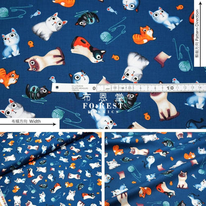 cotton - Little kitty fabric Blue - FO:REST Fabric 布恩堂Liberty fabrictana lawnjapanese fabricykk zipper