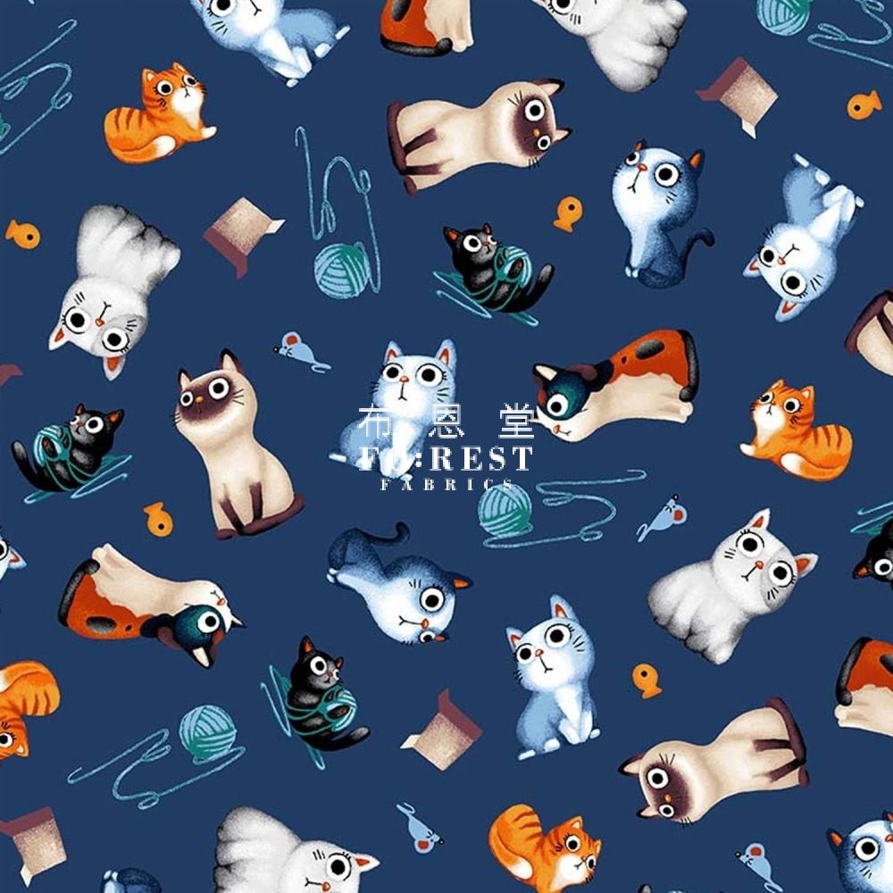cotton - Little kitty fabric Blue - FO:REST Fabric 布恩堂Liberty fabrictana lawnjapanese fabricykk zipper