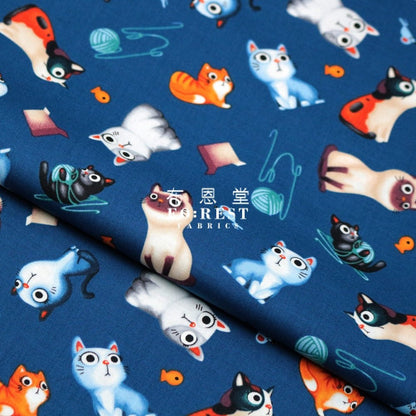 cotton - Little kitty fabric Blue - FO:REST Fabric 布恩堂Liberty fabrictana lawnjapanese fabricykk zipper
