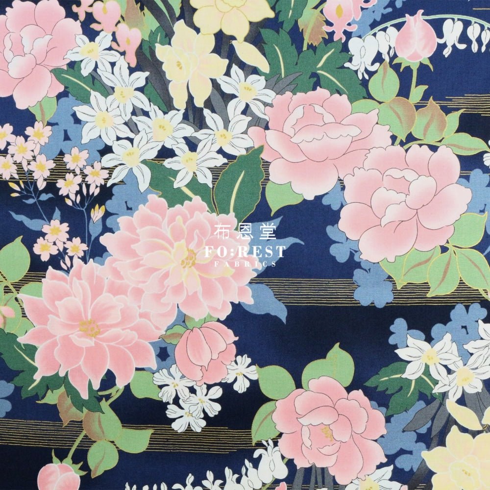 cotton - Peony Japanese fabric Navy - FO:REST Fabric 布恩堂Liberty fabrictana lawnjapanese fabricykk zipper
