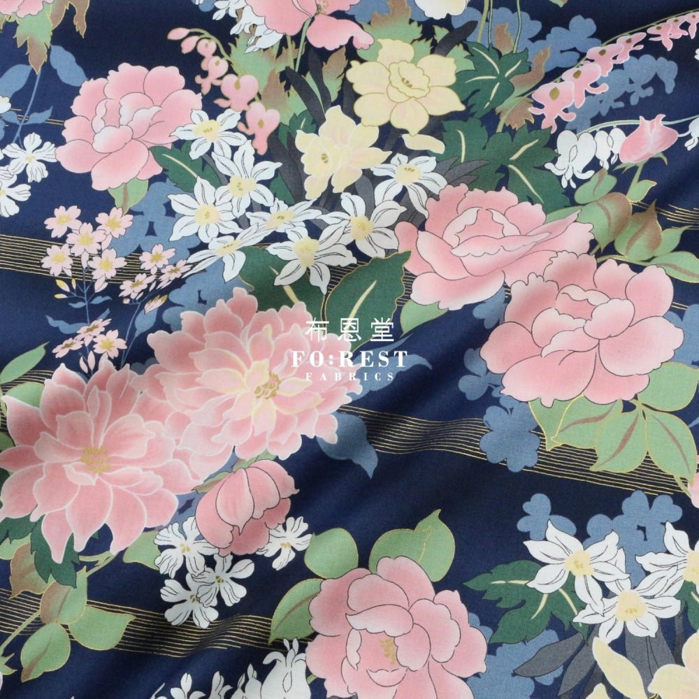 cotton - Peony Japanese fabric Navy - FO:REST Fabric 布恩堂Liberty fabrictana lawnjapanese fabricykk zipper