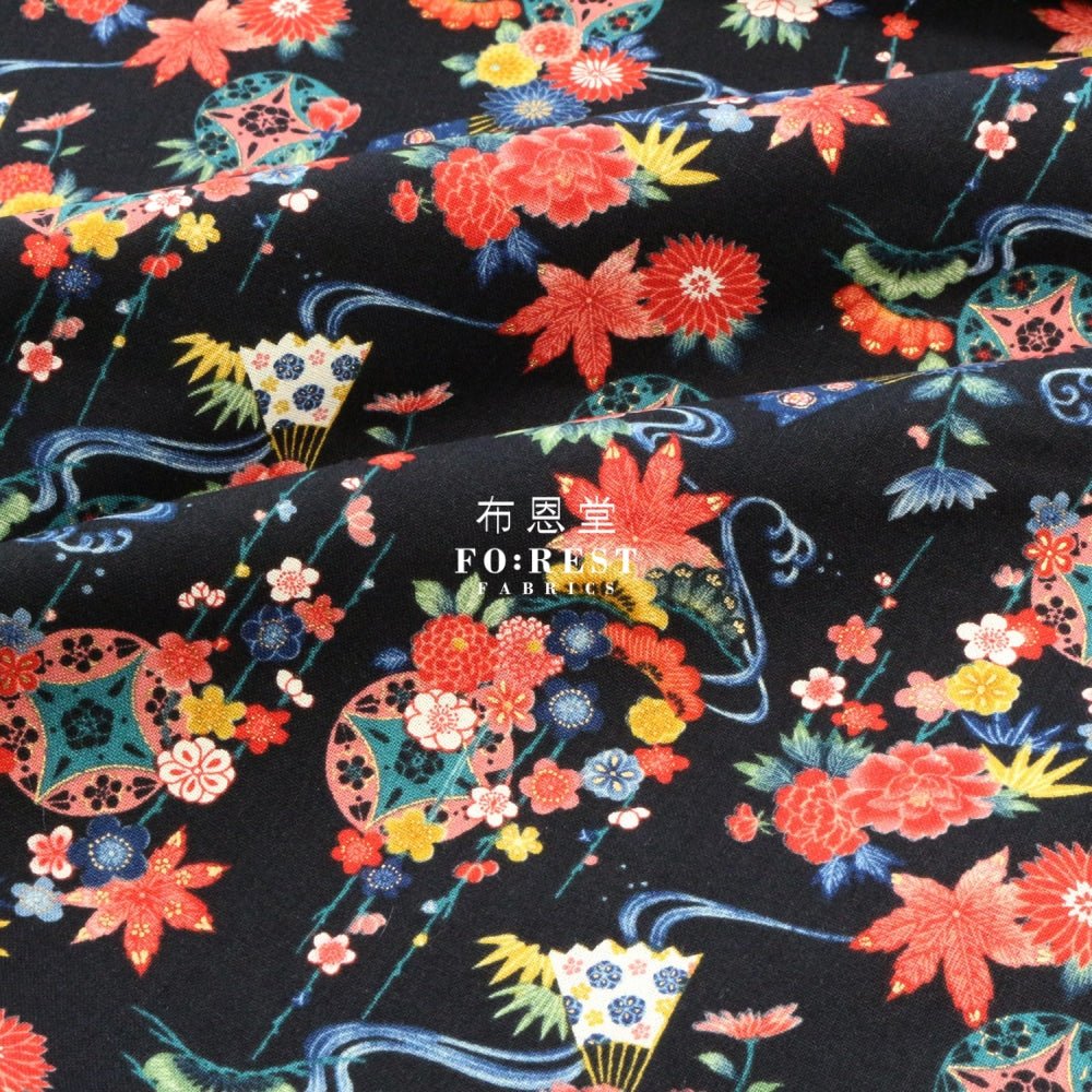 Cotton - Peony Maple 楓葉牡丹 fabric Black - FO:REST Fabric 布恩堂Liberty fabrictana lawnjapanese fabricykk zipper