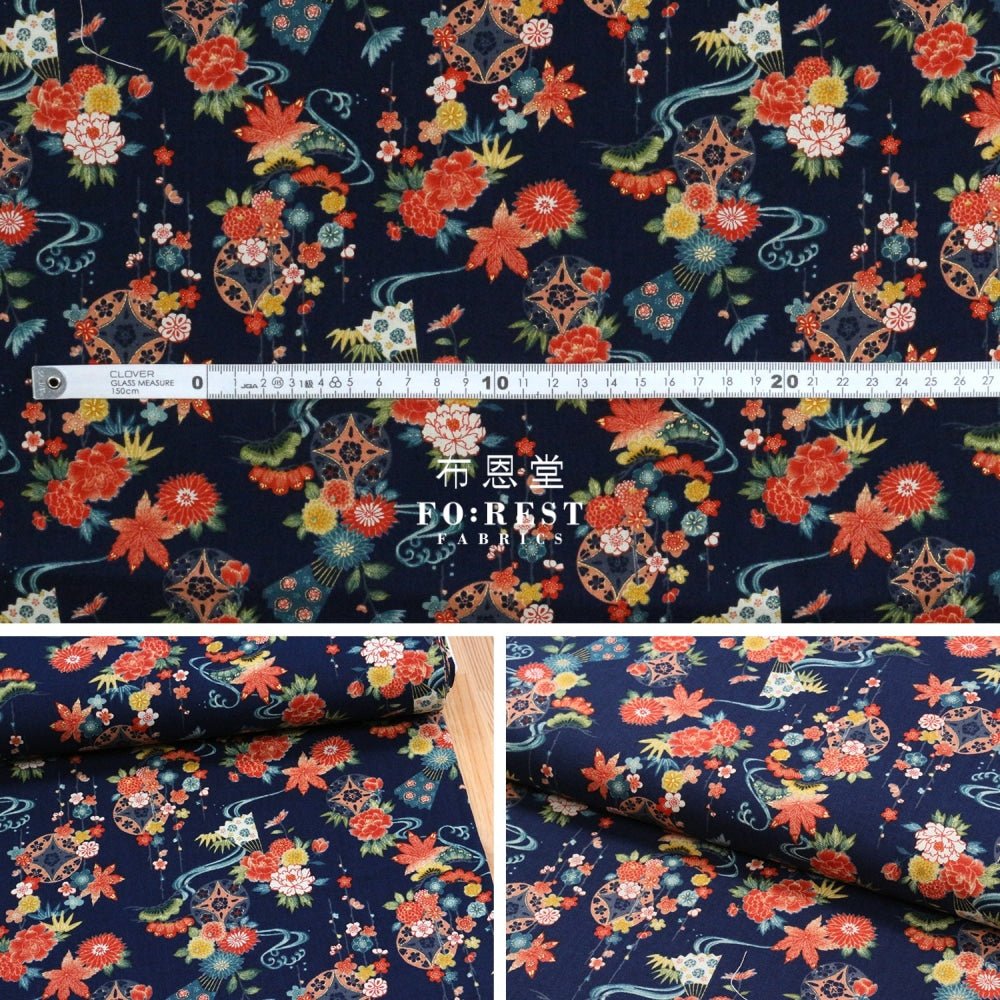 Cotton - Peony Maple 楓葉牡丹 fabric Navy - FO:REST Fabric 布恩堂Liberty fabrictana lawnjapanese fabricykk zipper