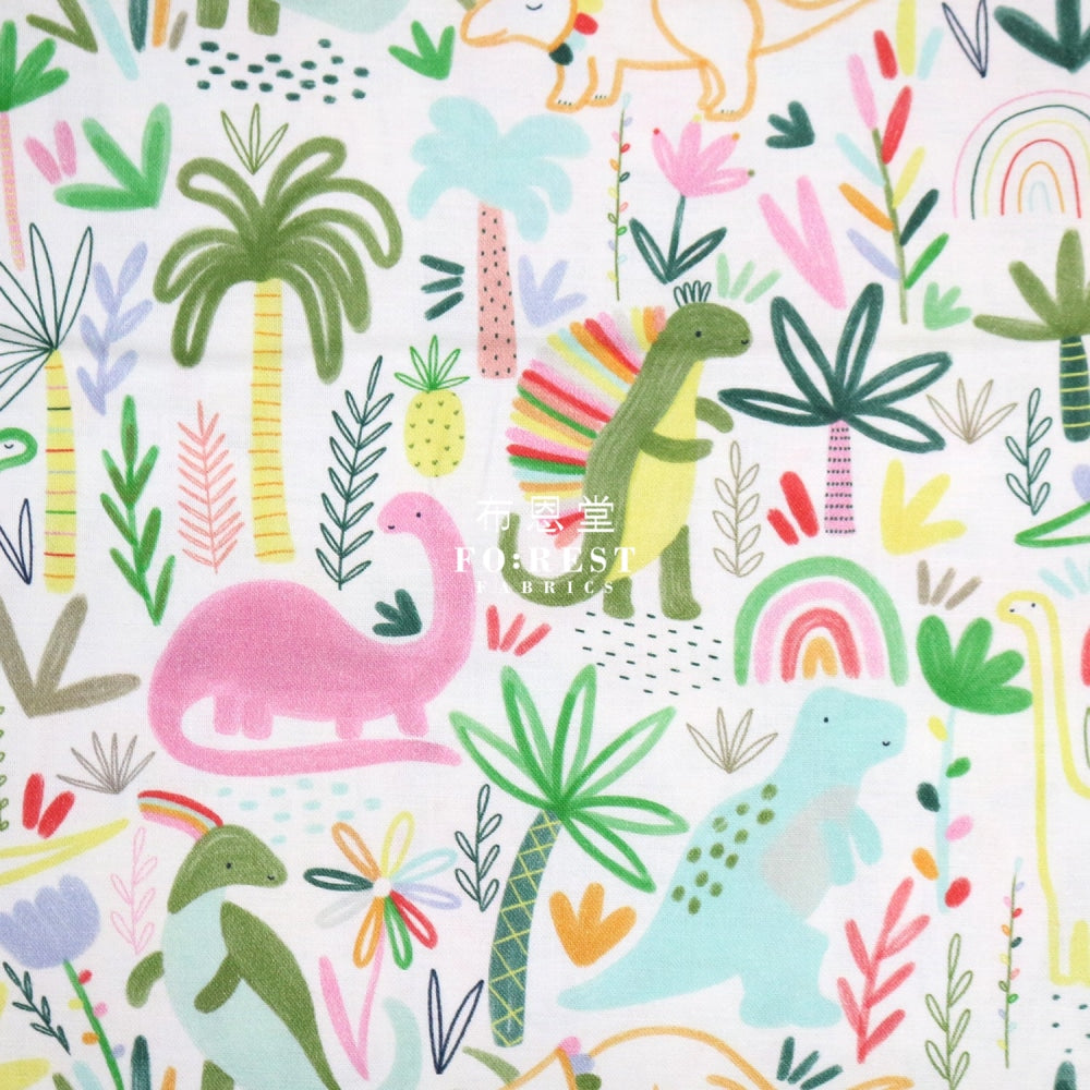 Cotton - Rainbow Dinosaur Fabric Milky