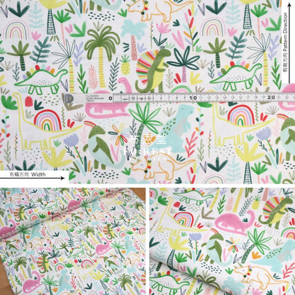 Cotton - Rainbow Dinosaur Fabric Milky