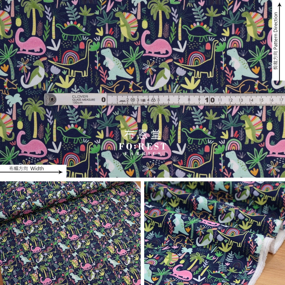 Cotton - Rainbow Dinosaur Fabric Navy