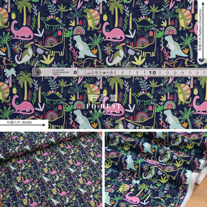 Cotton - Rainbow Dinosaur Fabric Navy