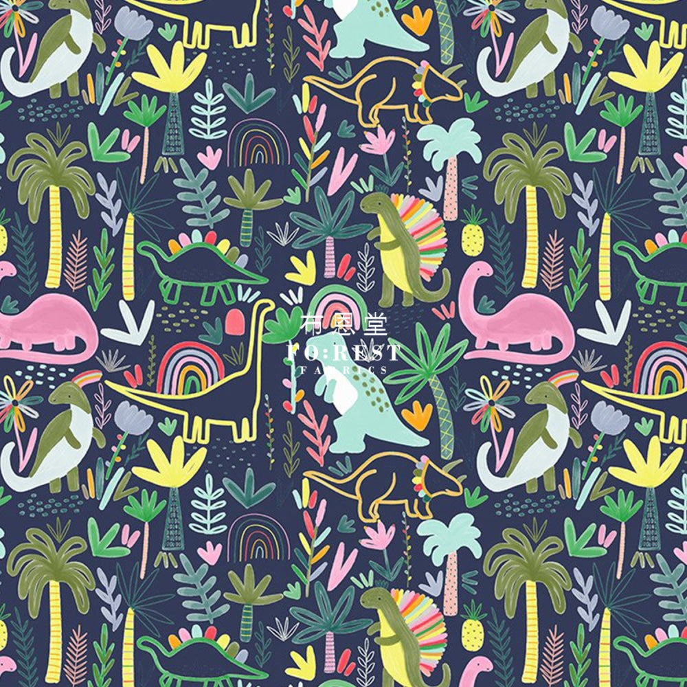 Cotton - Rainbow Dinosaur Fabric Navy