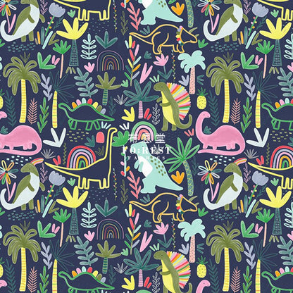 Cotton - Rainbow Dinosaur Fabric Navy