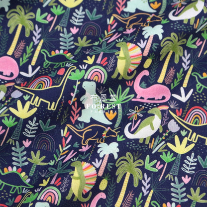 Cotton - Rainbow Dinosaur Fabric Navy
