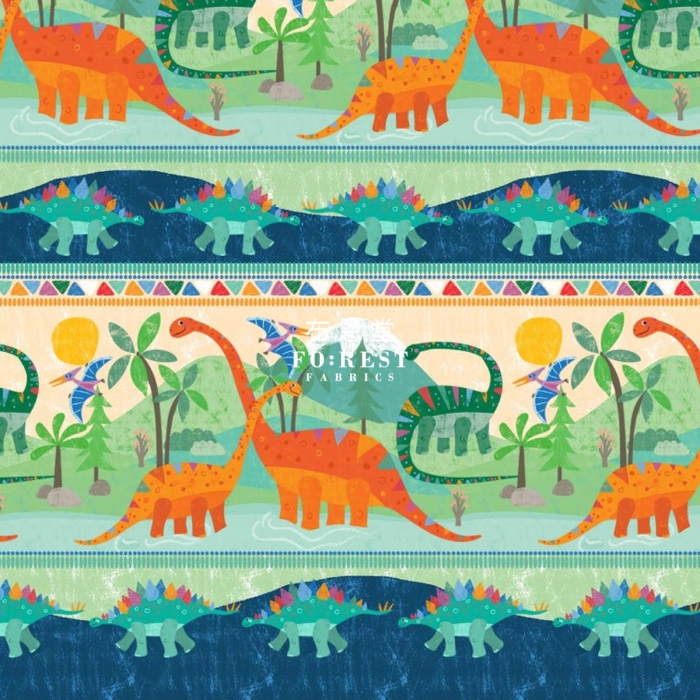 Cotton - Rainbow Dinosaur Land Stripe Fabric