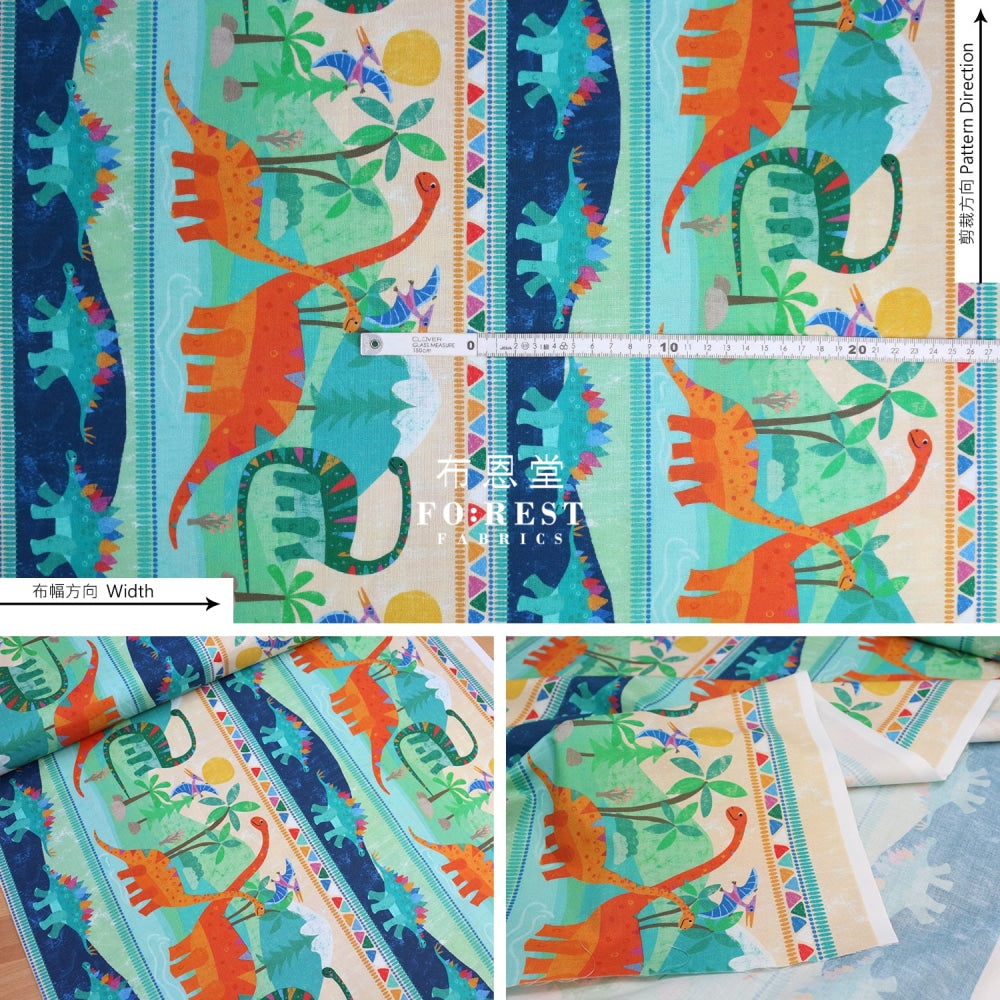 Cotton - Rainbow Dinosaur Land Stripe Fabric