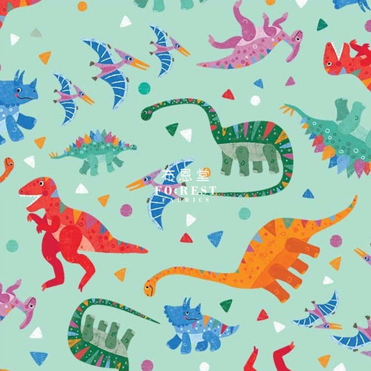 Cotton - Rainbow Dinosaur Party Fabric Aqua