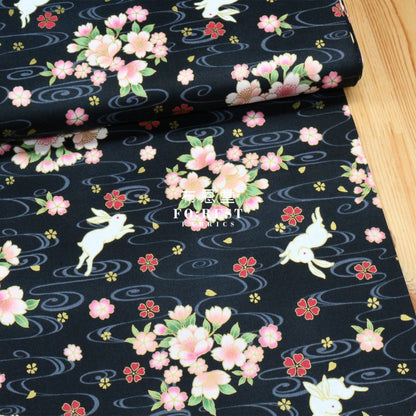 Cotton - Sakura Rabbit Japanese Fabric Black