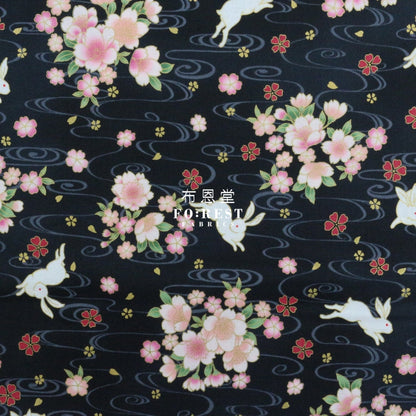 Cotton - Sakura Rabbit Japanese Fabric Black