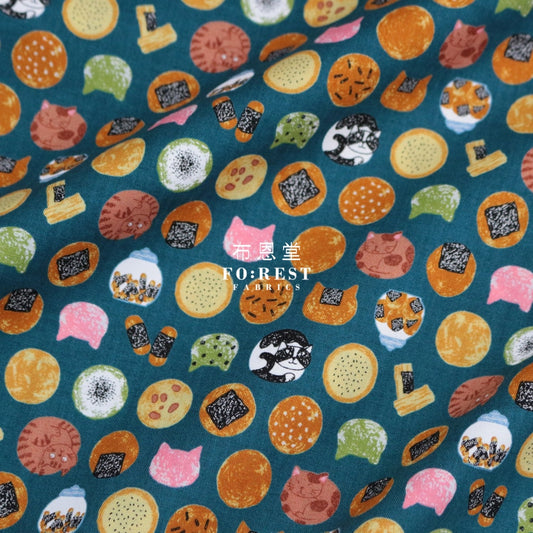 Cotton - Senbei Cats Darkgreen Fabric