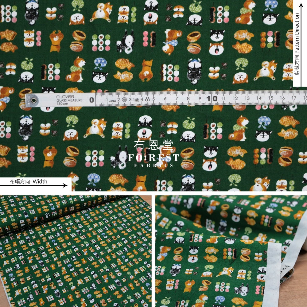 Cotton - Shiba Inu Darkgreen Fabric