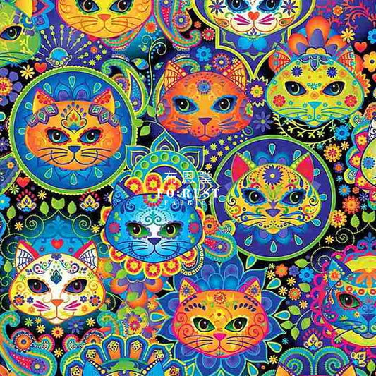 Cotton - Sugar Skulls Cats Fabric