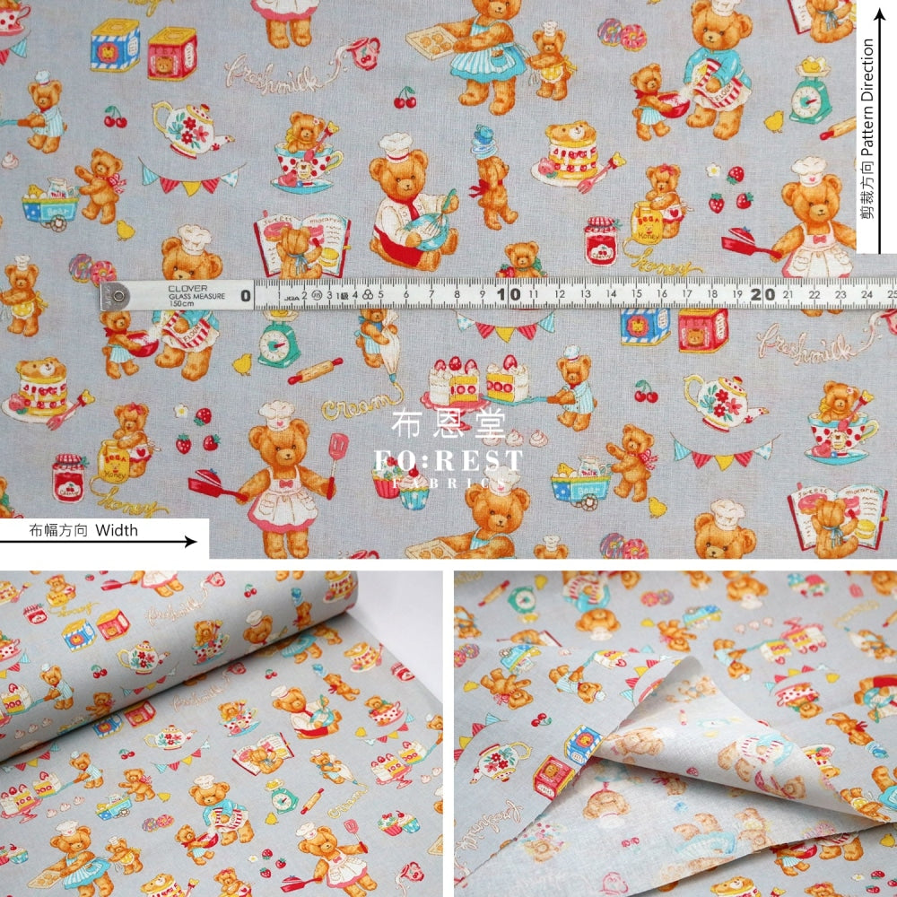 Cotton - The Baking Bear Fabric Gray Cotton