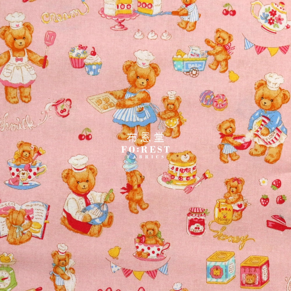 Cotton - The Baking Bear Fabric Pink Cotton