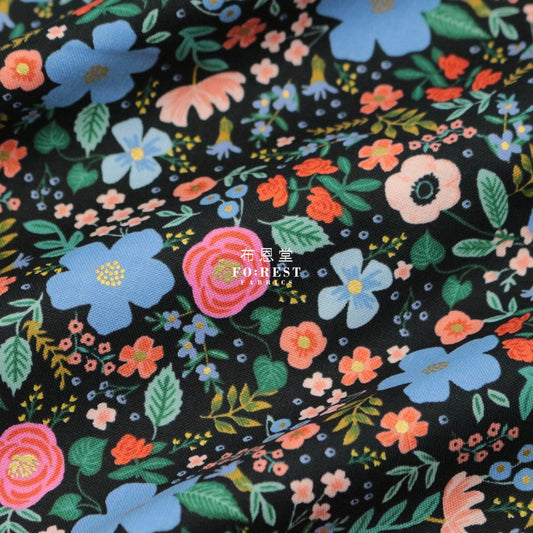 Cotton - Wild Rose Flower Fabric Black