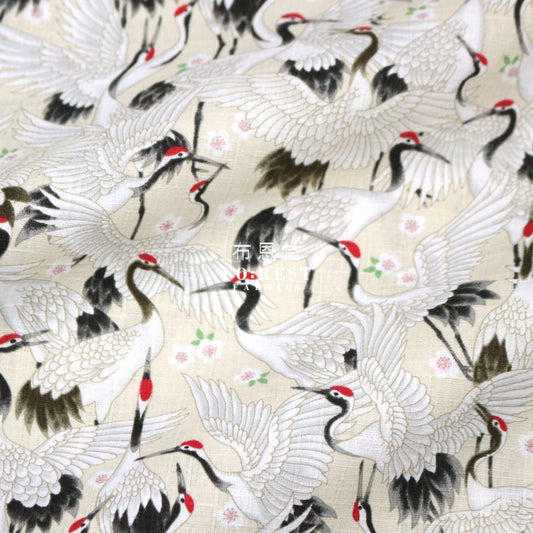 Dobby - Crane Japanese Birds Fabric Cream
