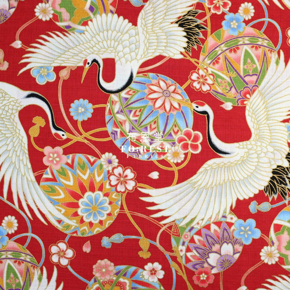 Dobby - Japanese Crane Birds Fabric Red