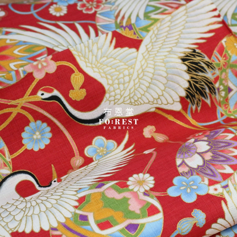 Dobby - Japanese Crane Birds Fabric Red