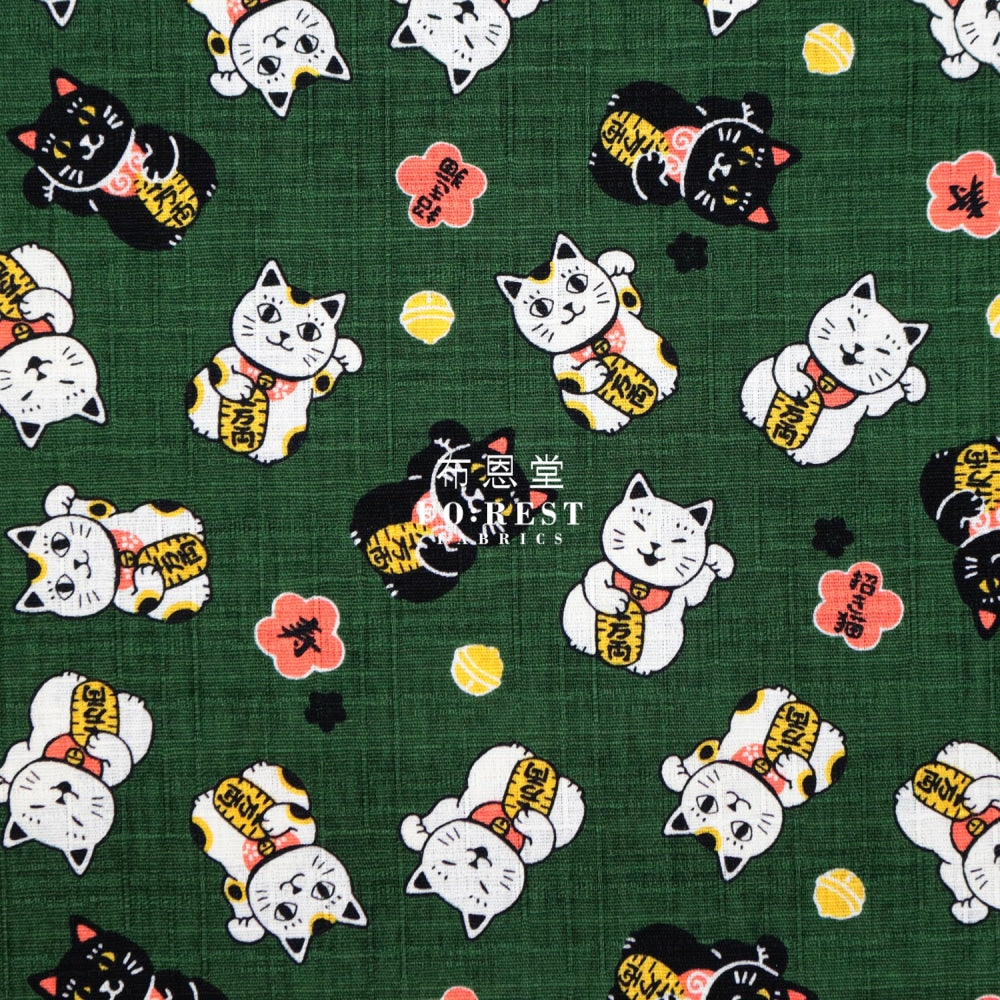 Dobby - Lucky Cats Fabric Darkgreen