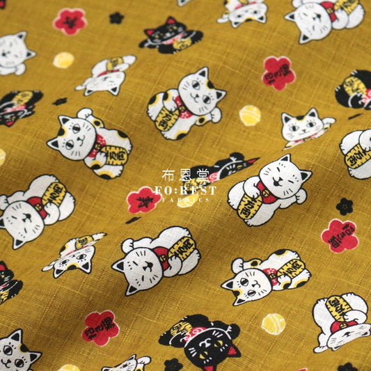 Dobby - Lucky Cats Fabric Mustard