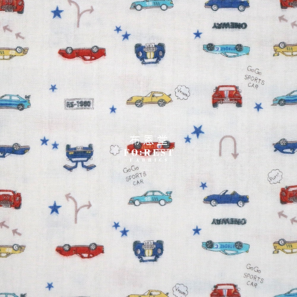 Double Gauze - Racing Cars Fabric White Double