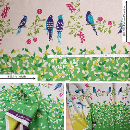 echino - cotton linen - Bird Song Green - FO:REST Fabric 布恩堂Liberty fabrictana lawnjapanese fabricykk zipper