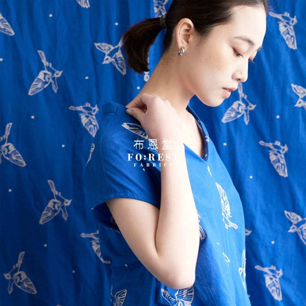 Echino - Embroidery Bird Blue Fabric