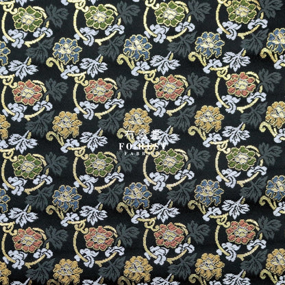 Gold Brocade - Art Nouveau Leaf Fabric Black Polyester