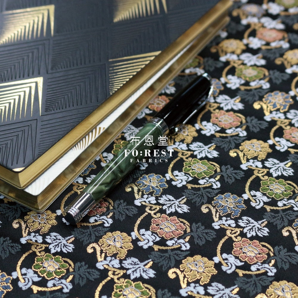 Gold Brocade - Art Nouveau Leaf Fabric Black Polyester