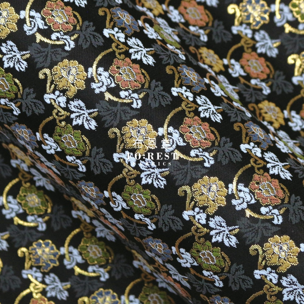 Gold Brocade - Art Nouveau Leaf Fabric Black Polyester