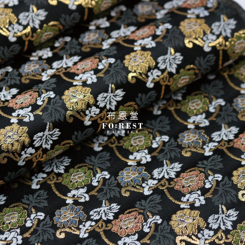 Gold Brocade - Art Nouveau Leaf Fabric Black Polyester