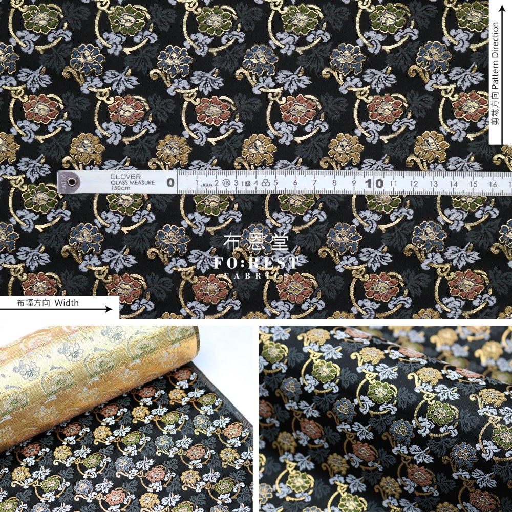 Gold Brocade - Art Nouveau Leaf Fabric Black Polyester